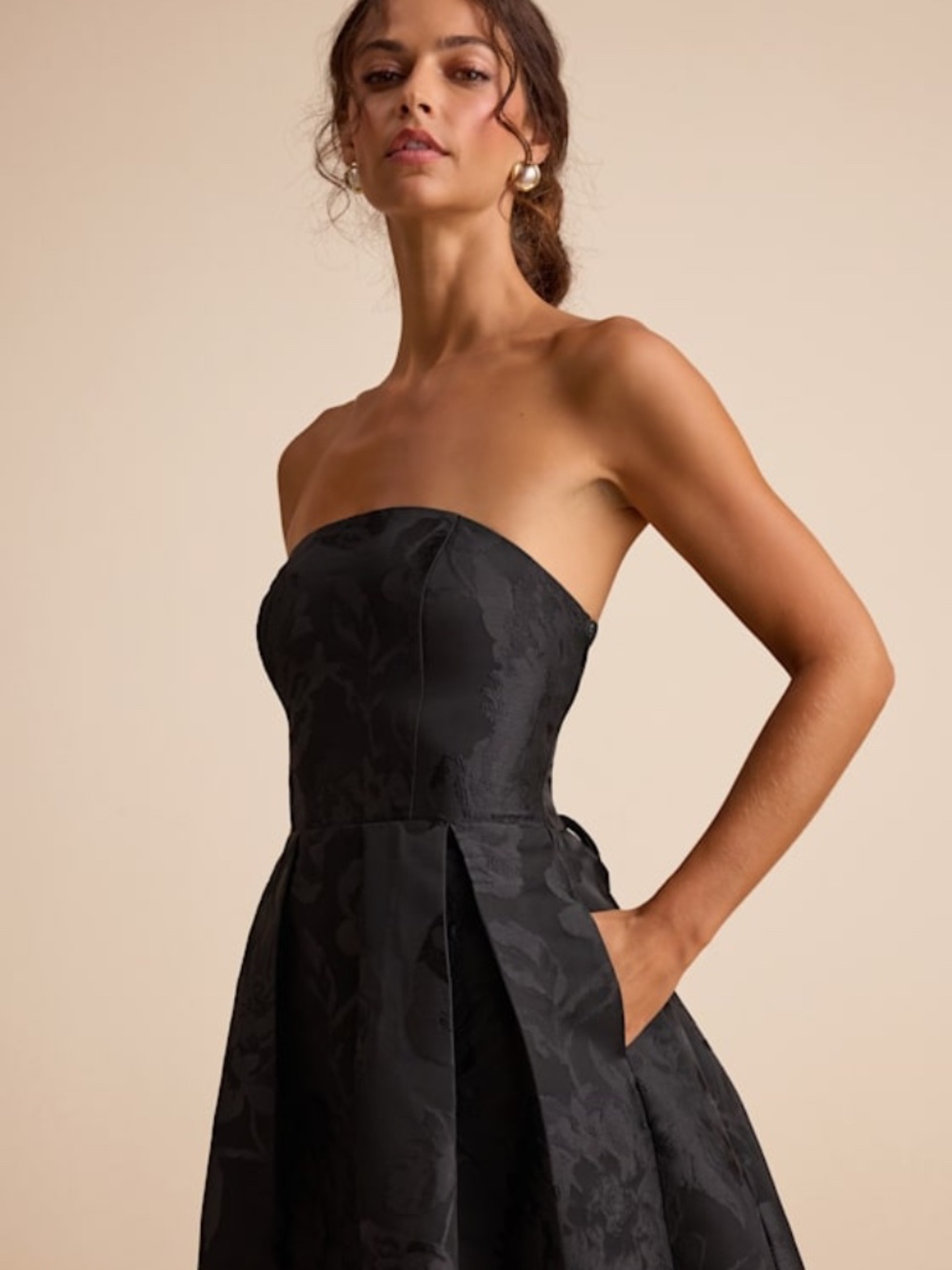 Lulus Laurelin Black Floral Jacquard Pleated Strapless Maxi Dress - Size L